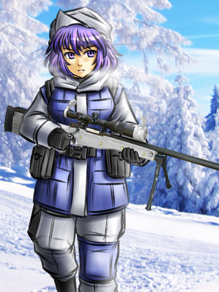 1girl, adapted_costume, ai_awm, coat, five-seven, gloves, gun, hat, lavender_hair, letty_whiterock, rifle, scarf, short_hair, sniper_rifle, snow, touhou, weapon