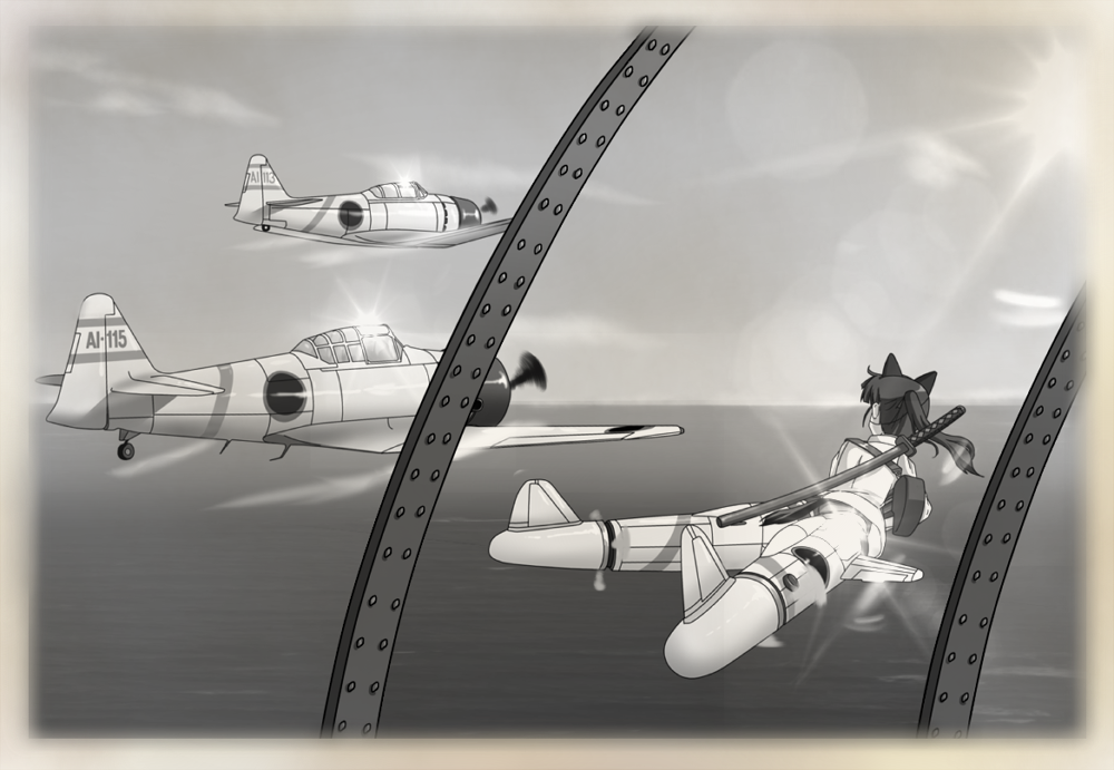 airplane, animal_ears, bad_id, flying, long_hair, military, military_uniform, norayinu