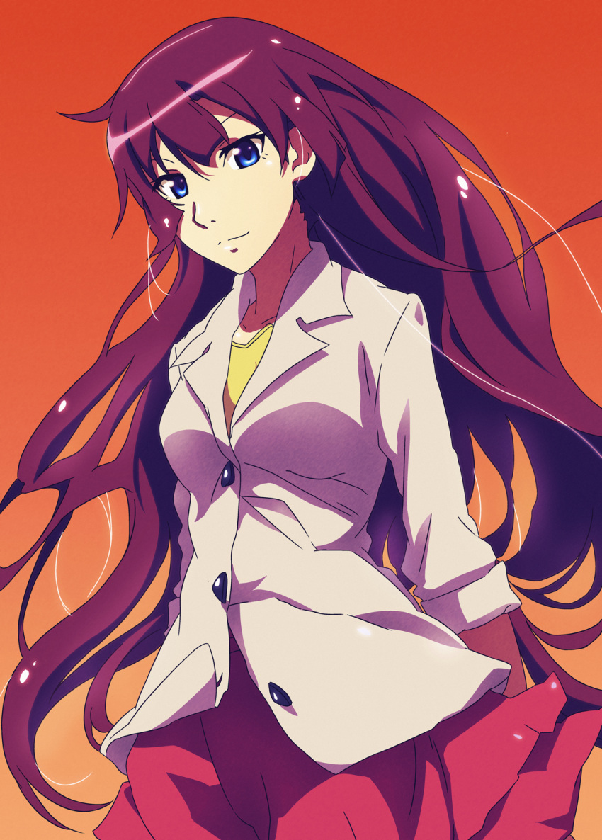 bakemonogatari, blue_eyes, esperanza_(wp), highres, long_hair, monogatari_(series), purple_hair, senjougahara_hitagi