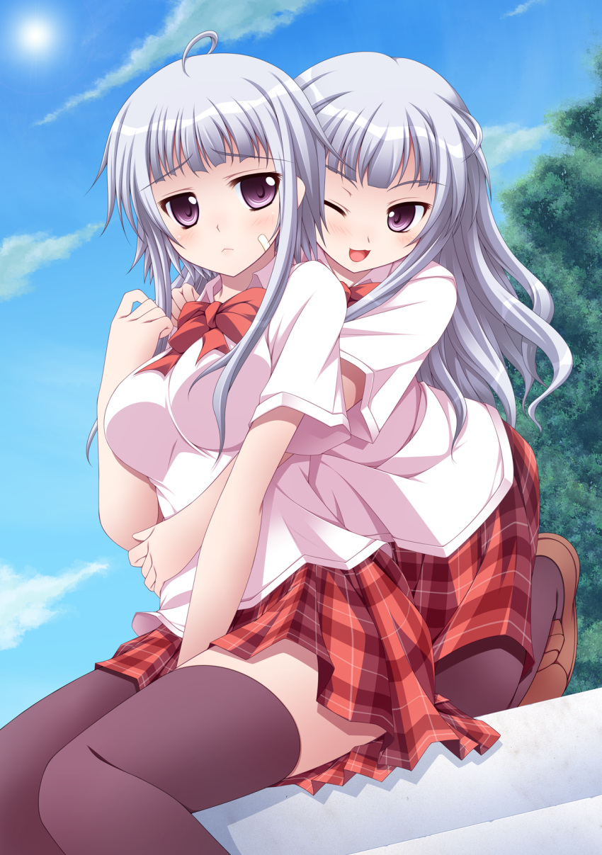 :<, :d, ahoge, bad_id, ben-tou, black_legwear, breasts, character_request, colored, dress_shirt, highres, hug, hug_from_behind, kaima, legs, loafers, long_hair, miniskirt, multiple_girls, open_mouth, pantyhose, plaid, plaid_skirt, purple_eyes, sawagi_kyo, sawagi_kyou_(elder), sawagi_kyou_(younger), shirt, shoes, siblings, silver_hair, sisters, skirt, smile, thigh-highs, thighhighs, thighs, twins, violet_eyes, wink, yaemahi, zettai_ryouiki