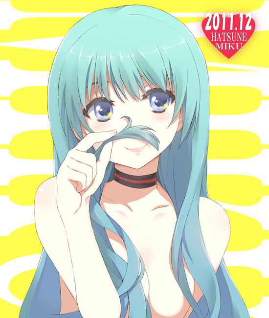 aqua_hair, blue_eyes, breasts, choker, cleavage, deyuuku, hair_tussle, hatsune_miku