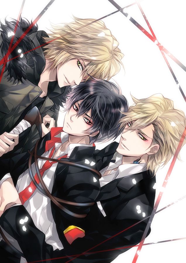 black_hair, blonde_hair, bondage, ciel1533, dino, dino_cavallone, dual_persona, dutch_angle, hibari_kyouya, katekyo_hitman_reborn, katekyo_hitman_reborn!, male, multiple_boys, necktie, red_eyes, short_hair, whip, yellow_eyes