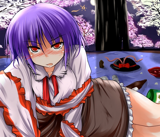 cherry_blossoms, drunk, hat, hat_removed, headwear_removed, moon, nagae_iku, night