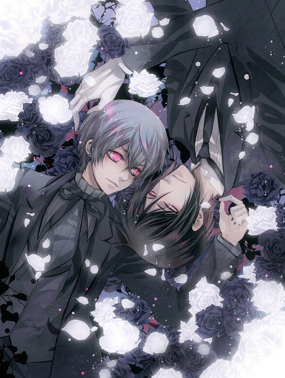 black_hair, black_rose, black_rose_(flower), ciel1533, ciel_phantomhive, flower, formal, gloves, grey_hair, kuroshitsuji, lying, male, multiple_boys, petals, pink_eyes, rose, sebastian_michaelis, short_hair, suit, white_gloves, white_rose