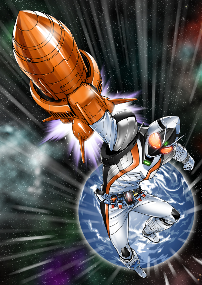 1boy, belt, earth, foreshortening, glowing, glowing_eyes, kamen_rider, kamen_rider_fourze