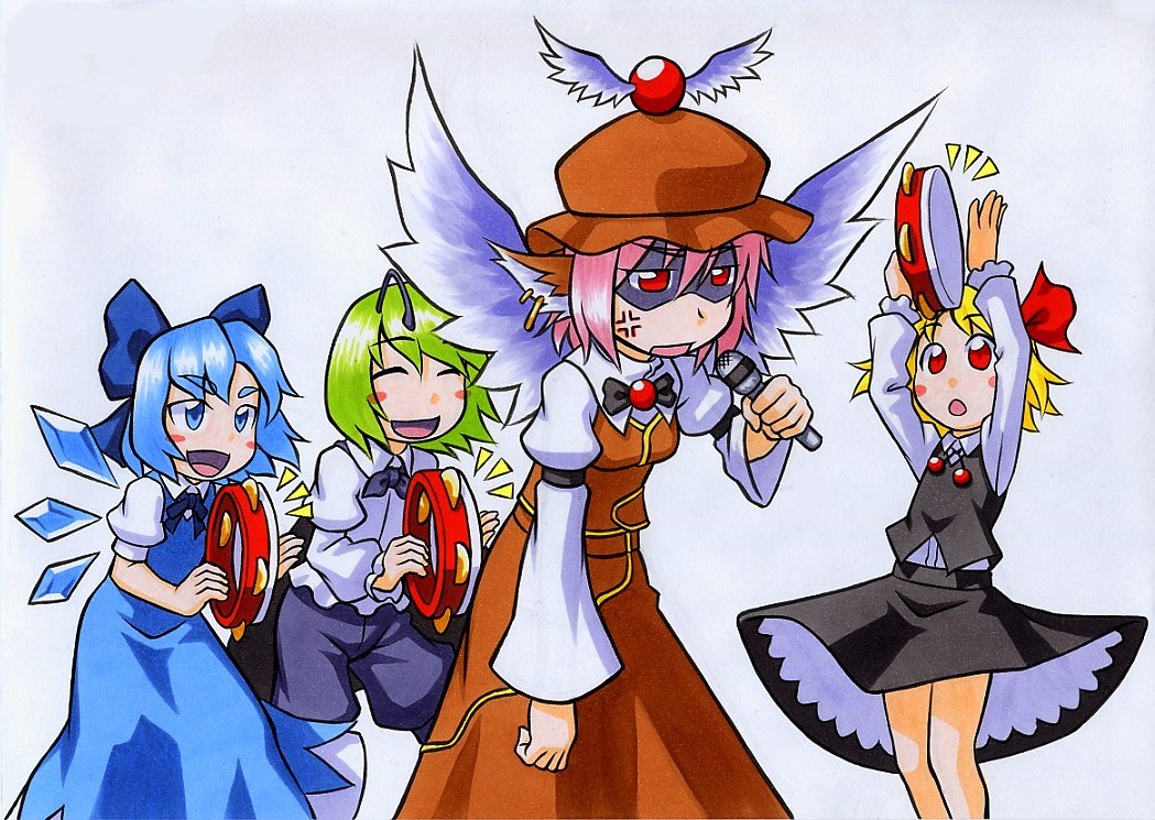 anger_vein, antennae, blonde_hair, blue_eyes, blue_hair, blush_stickers, bow, cape