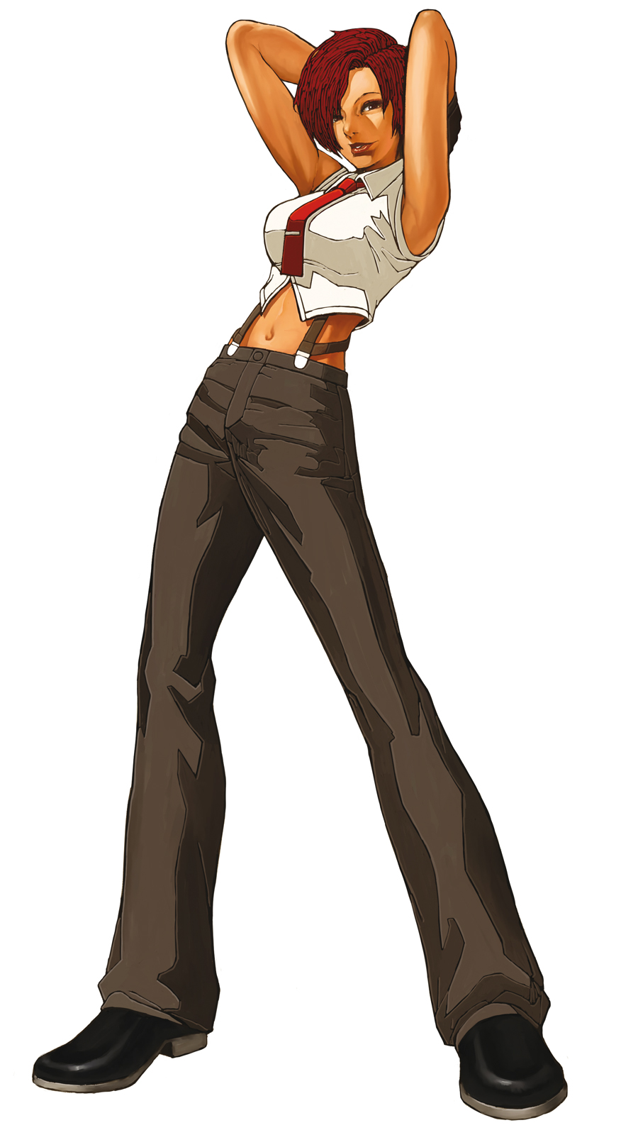 1girl, armpits, arms_up, boots, crop_top, highres, king_of_fighters, king_of_fighters_2002, lips, navel, necktie, nona, official_art, pants, red_hair, redhead, shirt, short_hair, simple_background, sleeveless, snk, solo, suspenders, vanessa