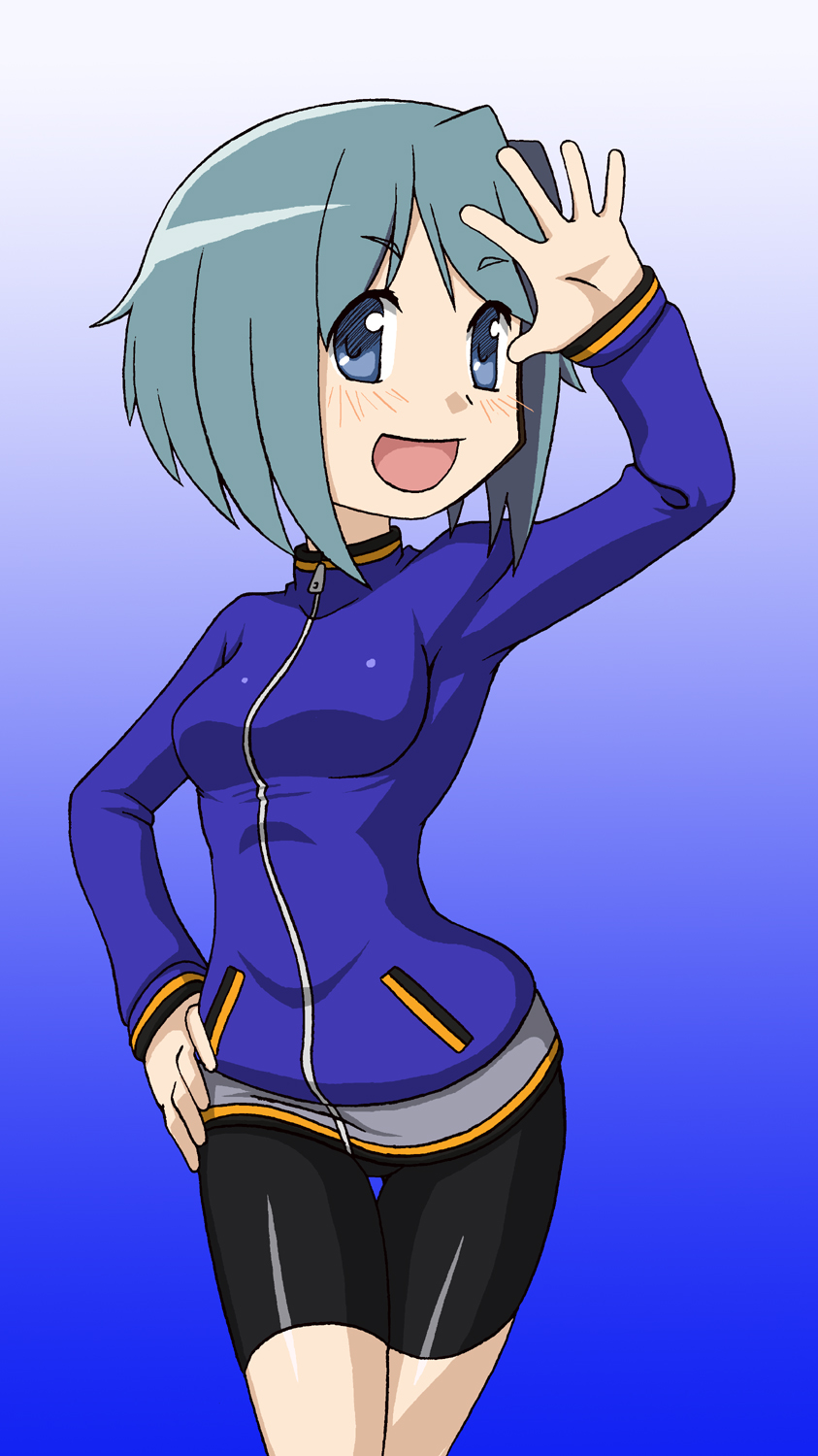 amane_suzuha, amane_suzuha_(cosplay), baron_(baron-eros), bicycle_shorts, bike_shorts, blue_eyes, blue_hair, breasts