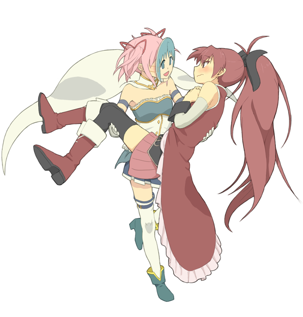 black_legwear, blue_eyes, blue_hair, blush, boots, cape, carrying, corset
