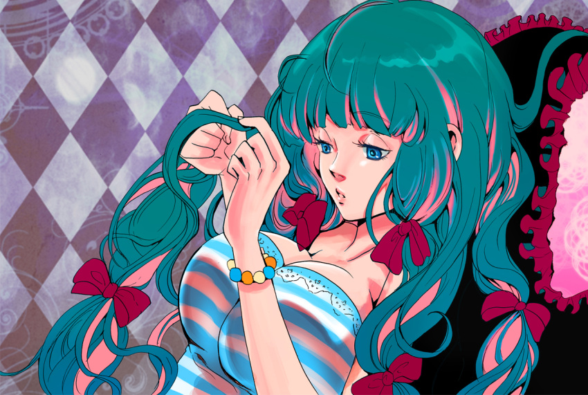 alternate_hairstyle, argyle, argyle_background, artist_request, bangs, blue_eyes, blunt_bangs, bow