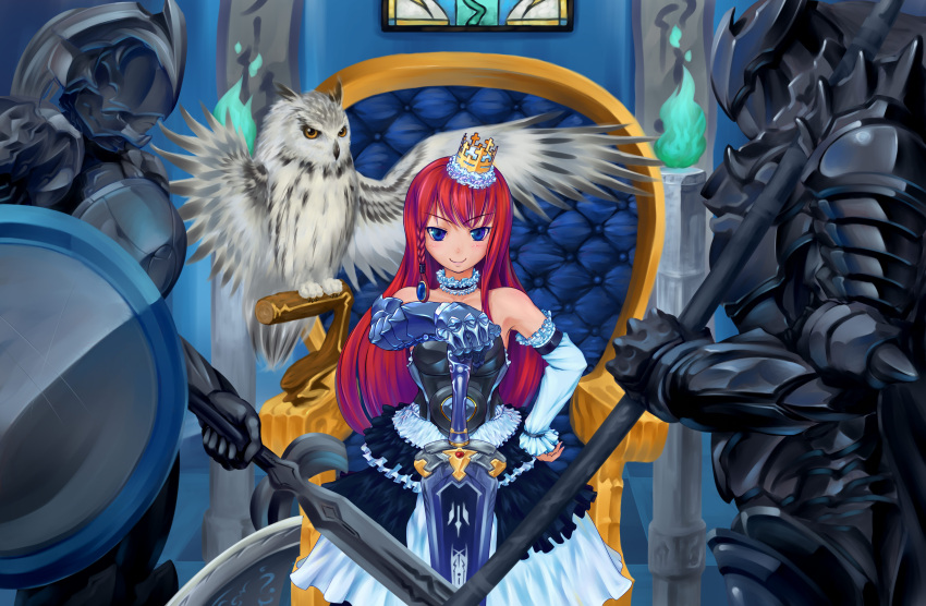 absurdres, armor, bare_shoulders, bird, blue_eyes, braid, breastplate, brown, chair, choker, detached_sleeves, dress, fire, flame, full_armor, gauntlets, gloves, green_fire, hand_on_hip, highres, knight, long_hair, nora_(nora7), original, owl, polearm, red_hair, shield, single_braid, sitting, smile, solo, spear, sword, throne, weapon
