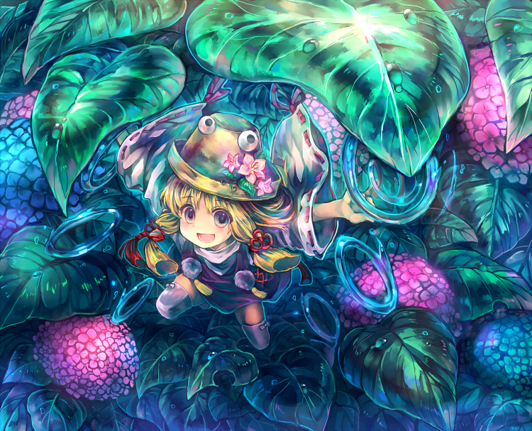 blonde_hair, blue_eyes, blush, bow_legwear, dress, flower, hair_ribbon, hat, hoop, leaf, long_sleeves, loop, moriya_suwako, open_mouth, outstretched_arms, pink_legwear, purple_dress, ribbon, salay, shigaraki_(strobe_blue), shirt, smile, solo, thigh-highs, thighhighs, touhou, zettai_ryouiki
