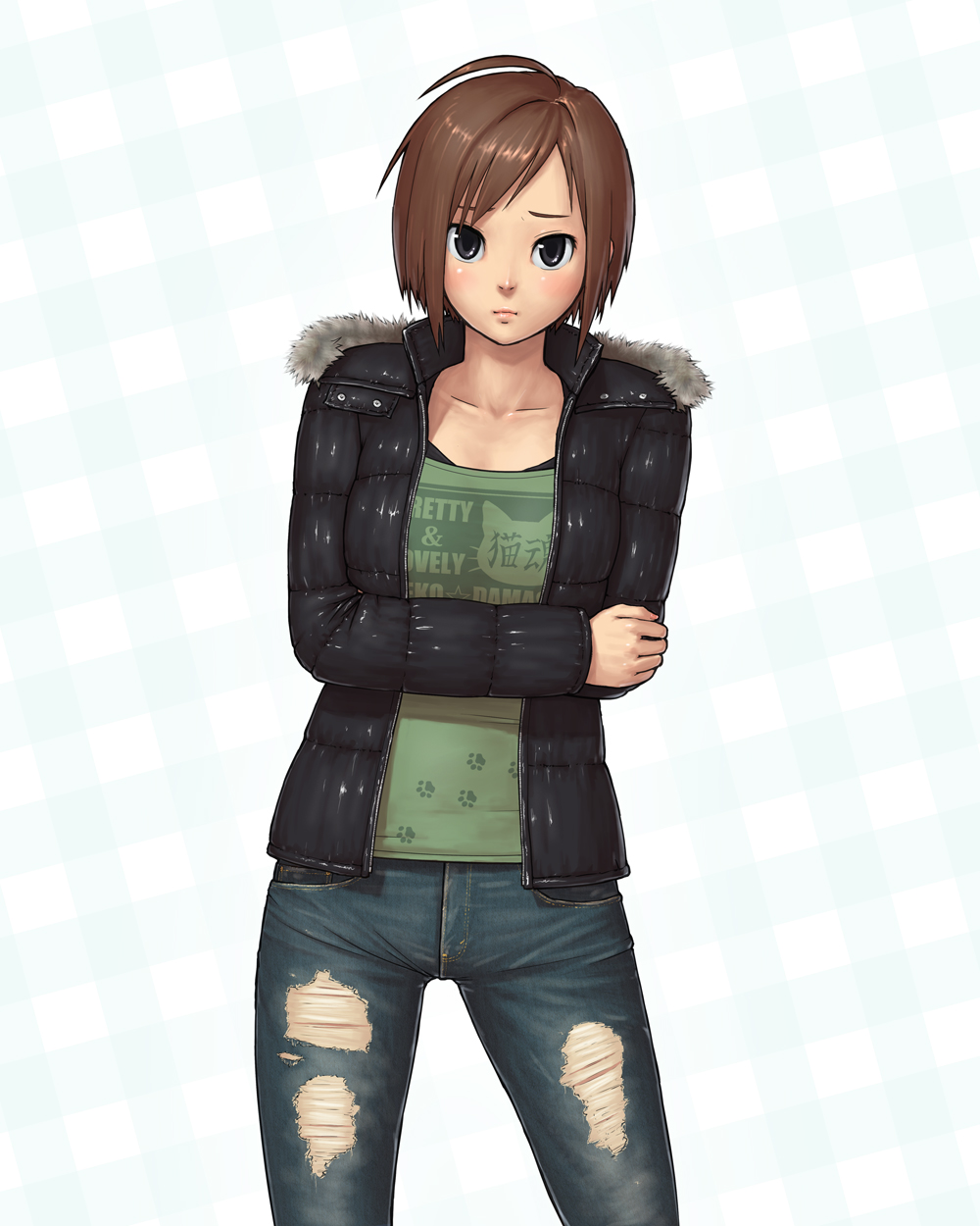 ahoge, black_eyes, brown_hair, denim, highres, jeans, lips, original