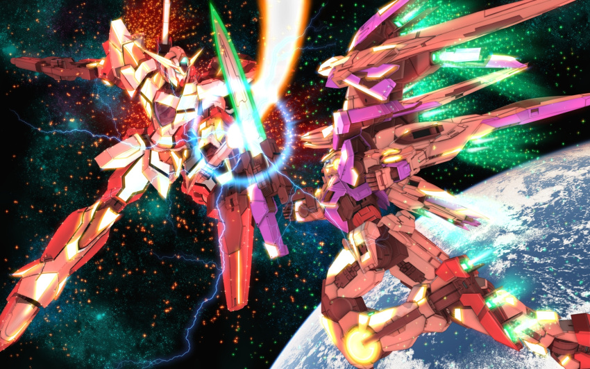 00_raiser, battle, earth, energy_sword, gundam, gundam_00, highres, mecha