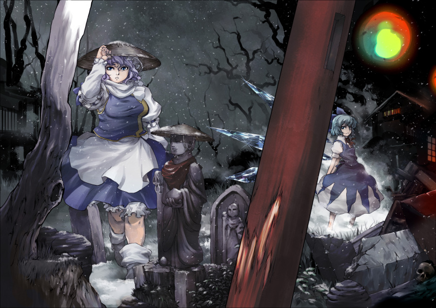 absurdres, apron, blue_dress, blue_eyes, blue_hair, bow, cirno, dress