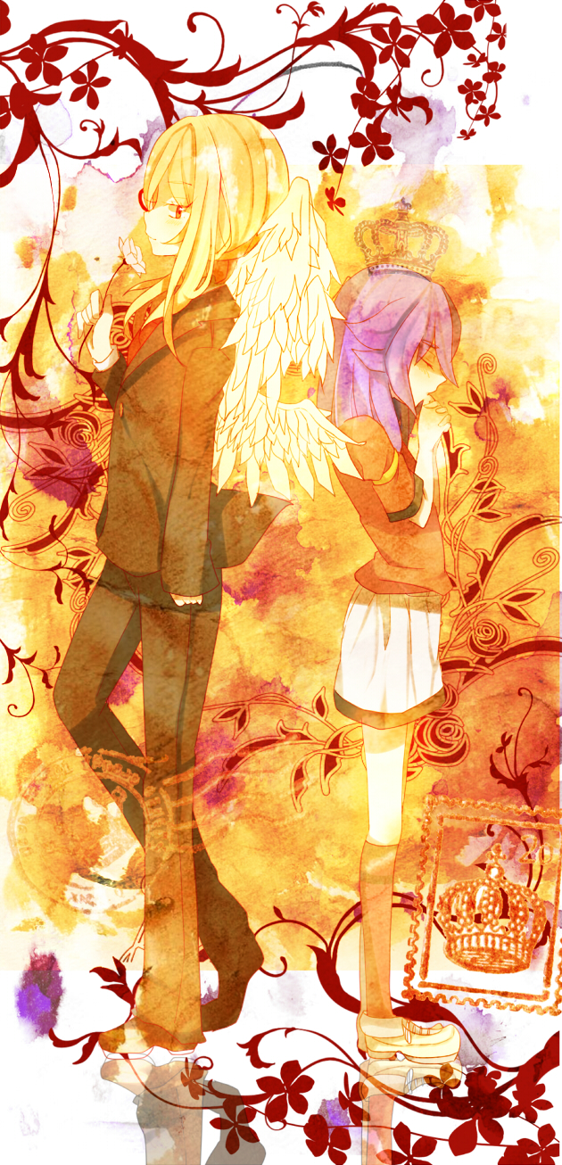 afuro_terumi, back-to-back, bad_id, blonde_hair, closed_eyes, eyes_closed, flower, hands_clasped