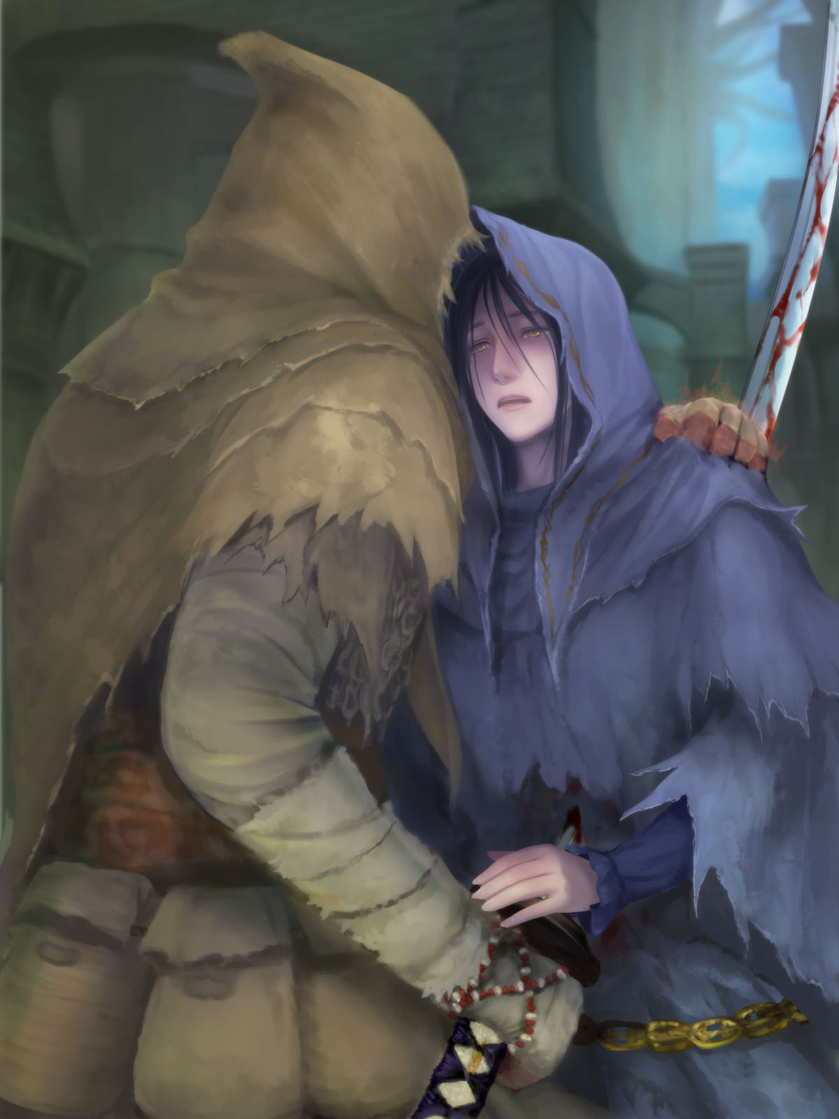 blood, dark_souls, fire, highres, hood, katana, mutsuki_(moonknives), quelaana_of_izalith
