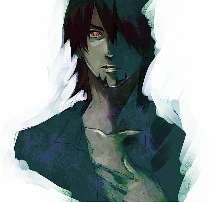 black_hair, brown_eyes, brown_hair, dark_skin, facial_hair, glowing, glowing_eyes, kaburagi_t_kotetsu