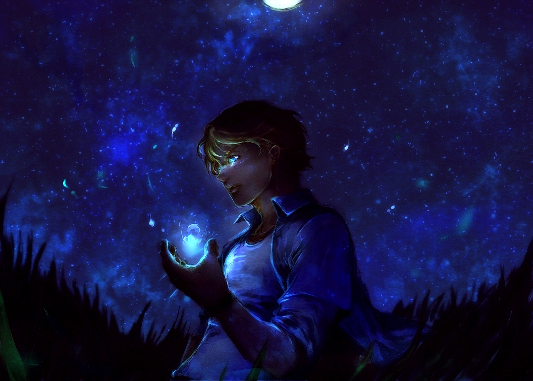 blonde_hair, blue, blue_eyes, blue_jacket, full_moon, glowing, glowing_eyes, jacket