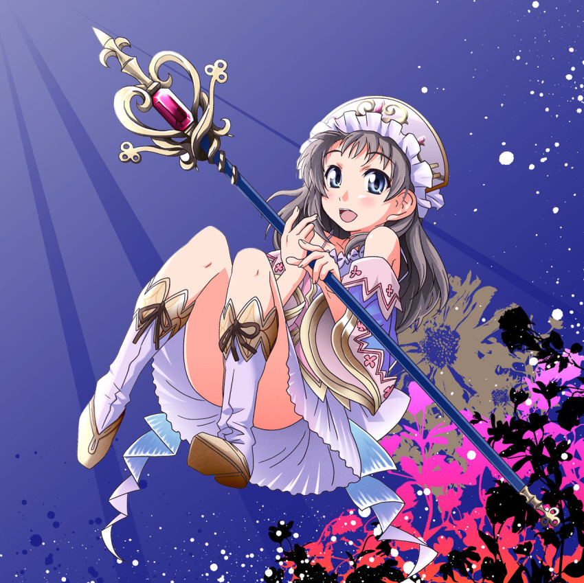 apr, atelier_(series), atelier_totori, bare_shoulders, blue_eyes, blush, detached_sleeves, floating
