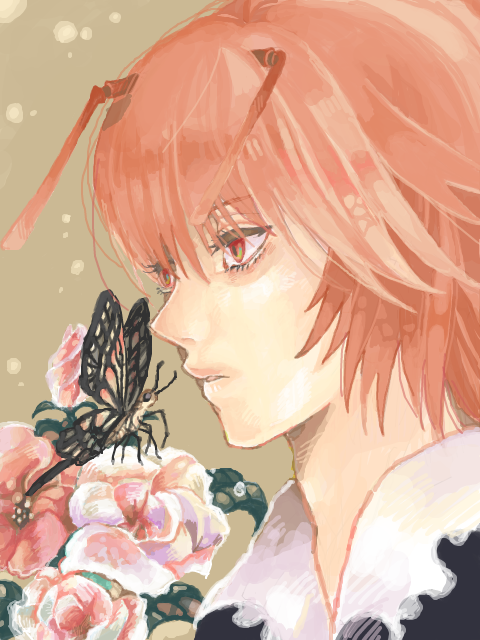 androgynous, antennae, butterfly, close-up, face, flower, flowers, hunter_x_hunter, hunterxhunter, j-peg, male, pink_rose, pouf, red_hair, redhead, rose, shaiapouf, shauapufu, short_hair, solo, tegaki