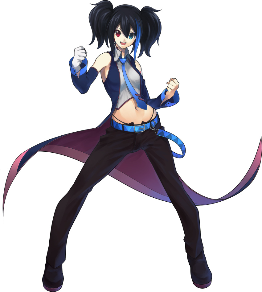 arms_up, bare_shoulders, belt, black_hair, black_panties, blue_eyes, blue_hair, clenched_hands, detached_sleeves, fist, gloves, headset, heterochromia, highleg, highleg_panties, highres, midriff, mugimeshi, multicolored_hair, navel, necktie, official_art, open_fly, open_mouth, panties, red_eyes, single_glove, solo, string_panties, tattoo, teeth, transparent_background, twintails, two-tone_hair, unbuttoned, underwear, utau, yokune_ruko