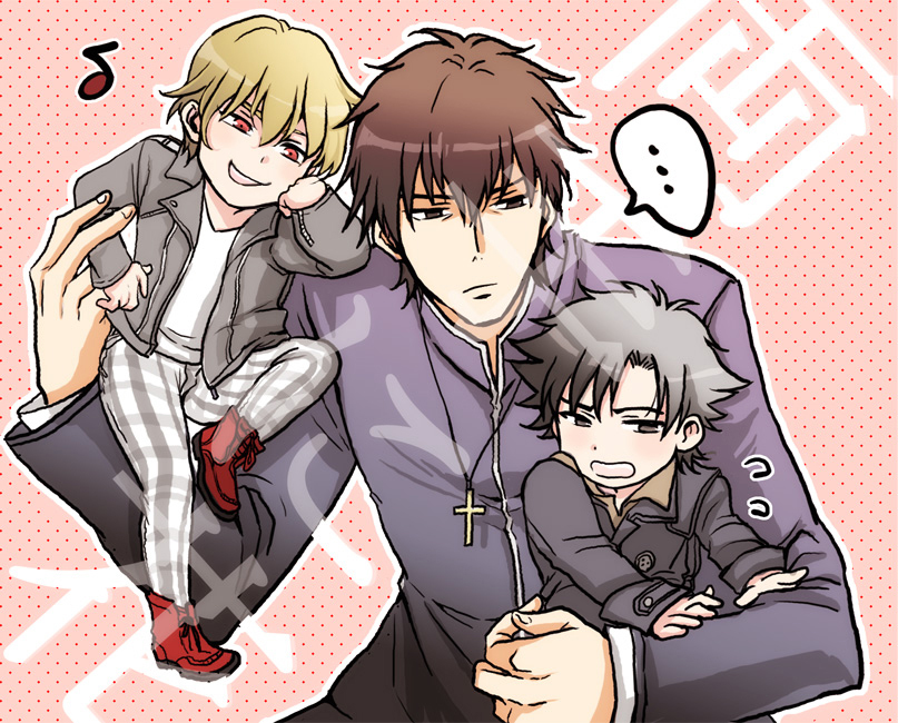 3boys, age_regression, black_eyes, black_hair, blonde_hair, brown_eyes, brown_hair, casual