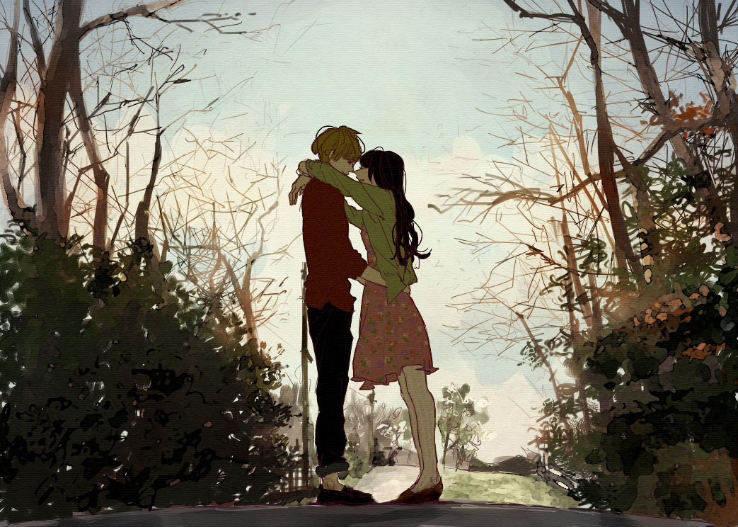 1girl, arms_around_neck, bad_id, bare_tree, black_hair, blonde_hair, bush, cardigan