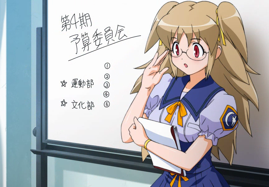 :o, blush, brown_hair, diol_twee, glasses, notepad, otomedius, otomedius_excellent