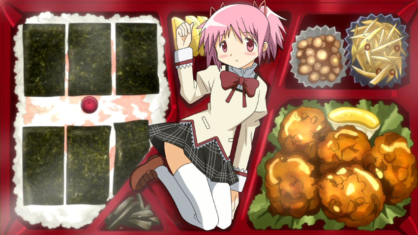 beans, ben-tou, blush, bow, fried_chicken, g3pen, hair_ribbon, kaname_madoka