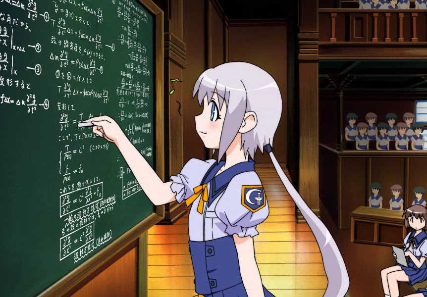 blue_eyes, calculus, chalk, chalkboard, classroom, math, musical_note, otomedius