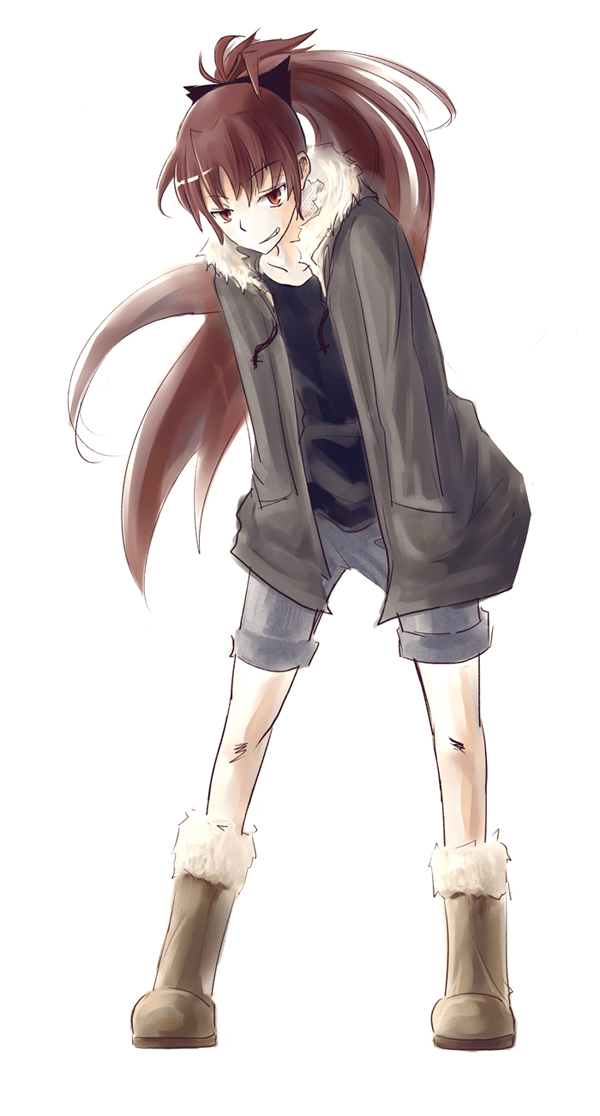 boots, coat, die_(artist), grin, hands_in_pockets, long_hair, mahou_shoujo_madoka_magica, pants_rolled_up