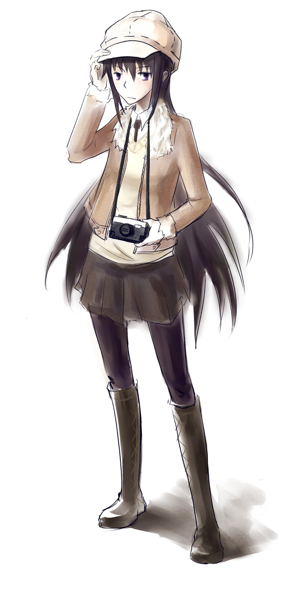 akemi_homura, black_hair, boots, camera, casual, coat, die_(artist), frown