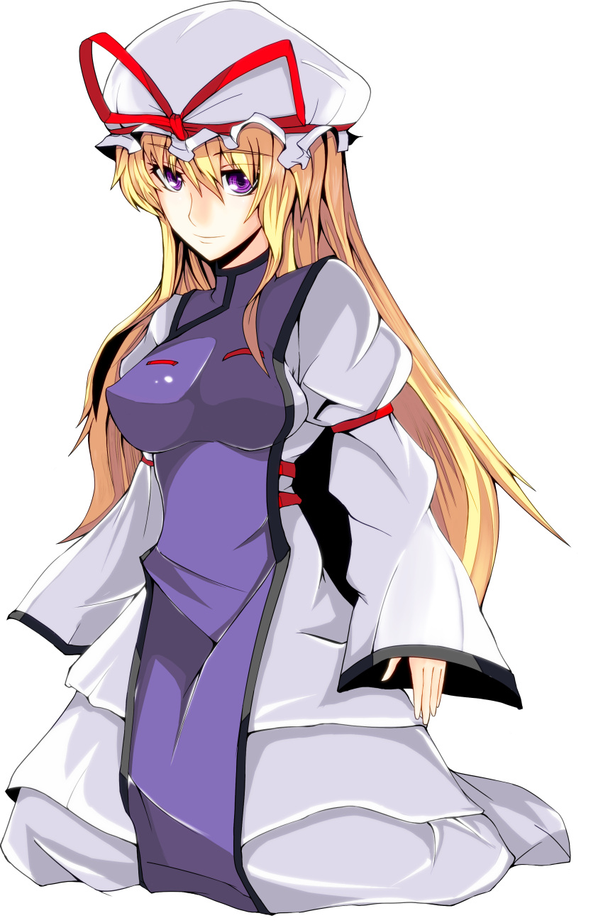 1girl, blonde_hair, hat, highres, long_hair, purple_eyes, ribbon, solo