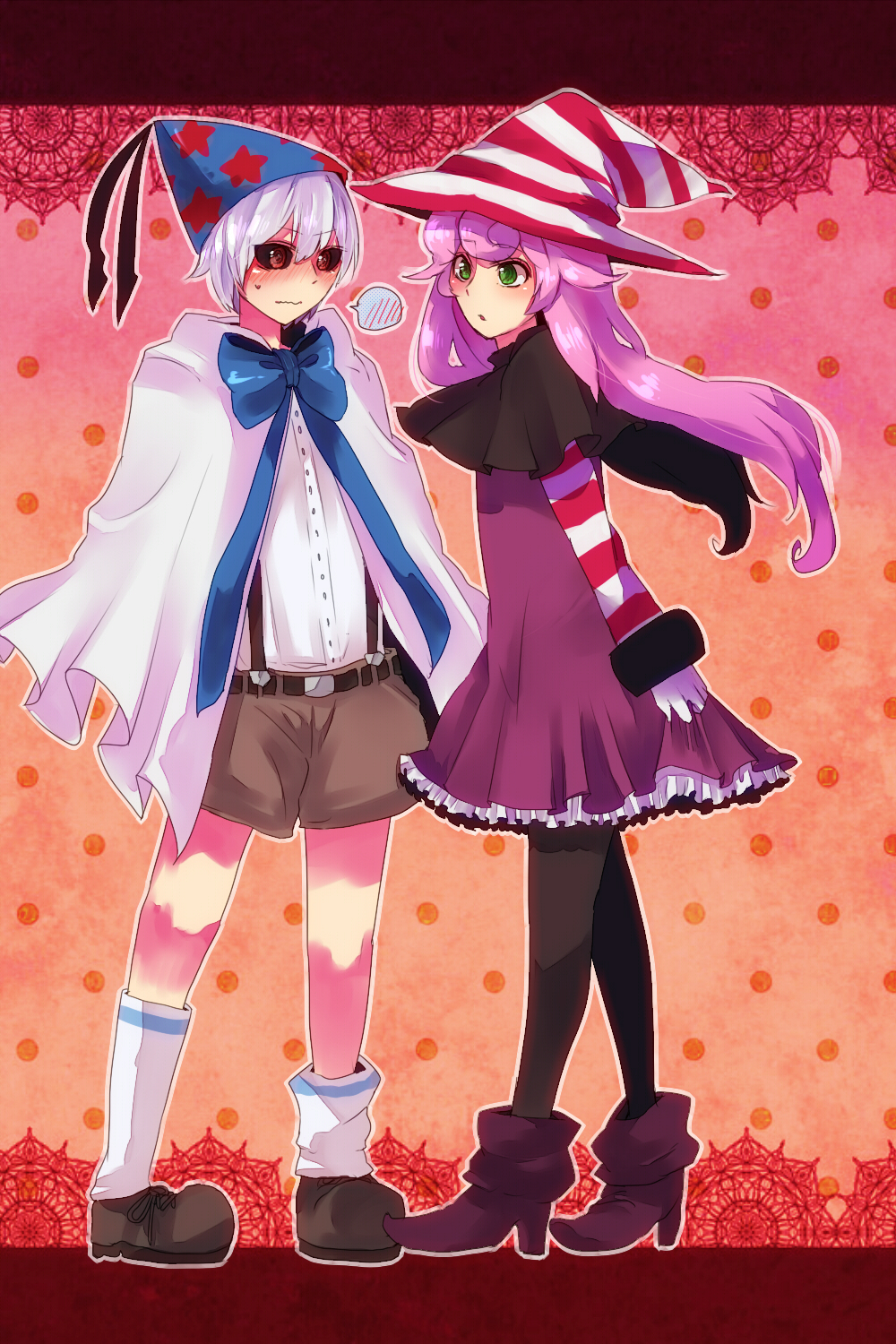 1boy, 1girl, doopliss, dress, frills, gothic_lolita, hat, highres