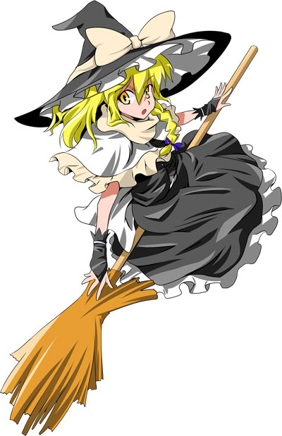 blonde_hair, bow, braid, broom, broom_riding, capelet, futoshi_(fishhouse), hair_bow, hat, kirisame_marisa, sidesaddle, simple_background, solo, touhou, white_background, witch, witch_hat, yellow_eyes