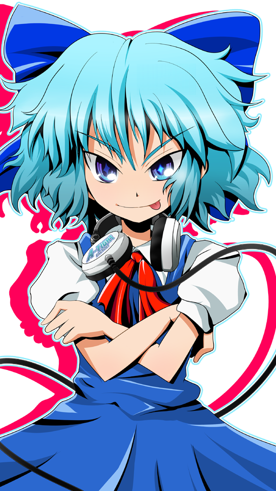 :p, blue_eyes, blue_hair, bow, cirno, crossed_arms, fairy, futoshi_(fishhouse)