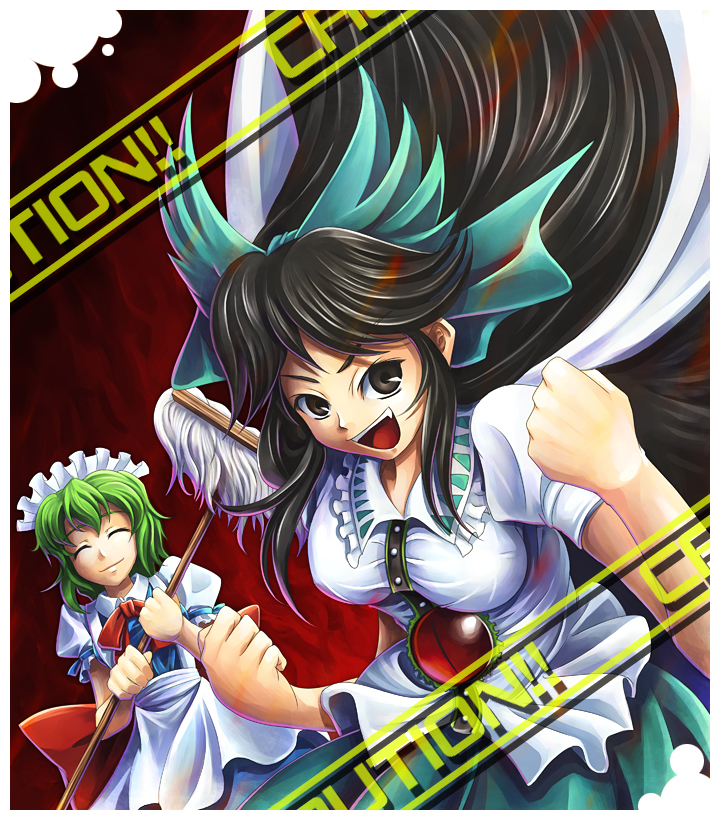 black_eyes, black_hair, cape, fang, green_hair, koto_tsubane, long_hair, maid