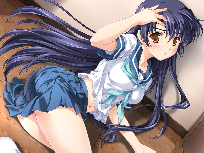 1girl, artist_request, ass, ass_cheeks, blue_hair, blush, game_cg, hayama_mitsuki, lying, midriff, navel, nekoneko_fandisc_3, school_uniform, serafuku, skirt, solo, yellow_eyes