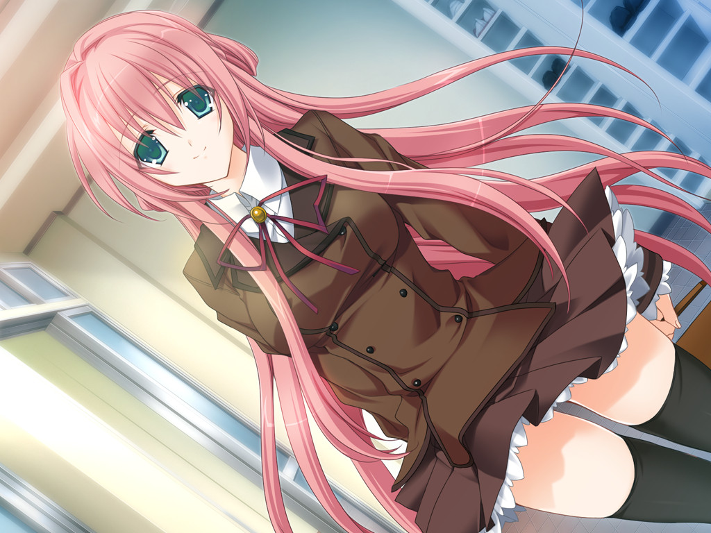 1girl, black_legwear, dutch_angle, female, fujiwara_mizuku, game_cg, green_eyes, indoors, kono_uta_ga_owattara, kumatora_tatsumi, long_hair, long_sleeves, looking_at_viewer, pink_hair, skirt, smile, solo, thigh-highs, thighhighs
