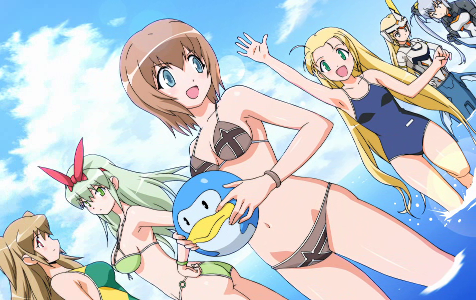 alternate_costume, android, arnval, ball, beach, bikini, blonde_hair, blue_eyes, bow, brown_hair, busou_shinki, cross, diol_twee, dutch_angle, esmeralda_(otomedius), green_eyes, green_hair, grey_eyes, kokoro_belmont, madoka_(otomedius), mermaid, mermaid_costume, monster_girl, multiple_girls, otomedius, otomedius_excellent, parodius, pentarou, red_eyes, ribbon, strarf, swimsuit, white_hair