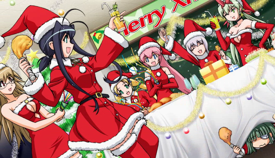 aoba_anoa, bare_shoulders, blonde_hair, blue_eyes, blue_hair, breasts, brown_hair, christmas