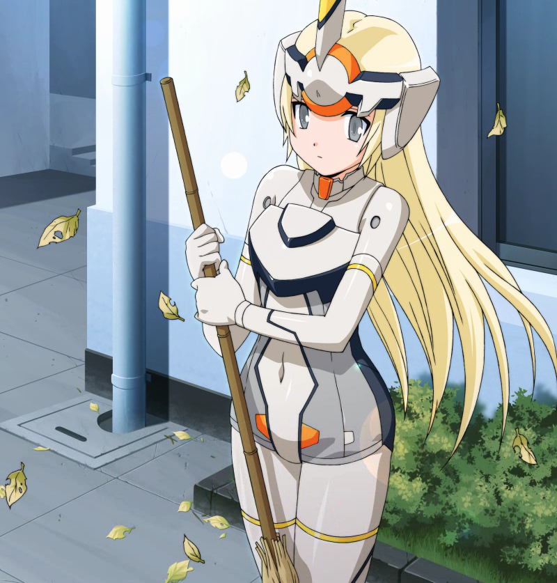 arnval, blonde_hair, broom, busou_shinki, grey_eyes, leaf, otomedius, otomedius_excellent