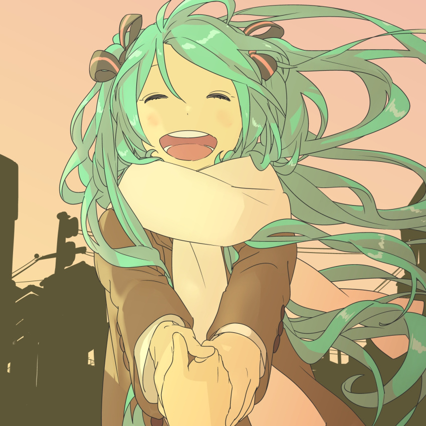 aqua_hair, bad_id, fukayama_fugin, hands, hatsune_miku, highres, long_hair, open_mouth, pov, scarf, smile, twintails, vocaloid