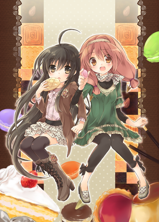 :d, black_hair, boots, bread, brown_eyes, cake, chiara_toscana, cookie