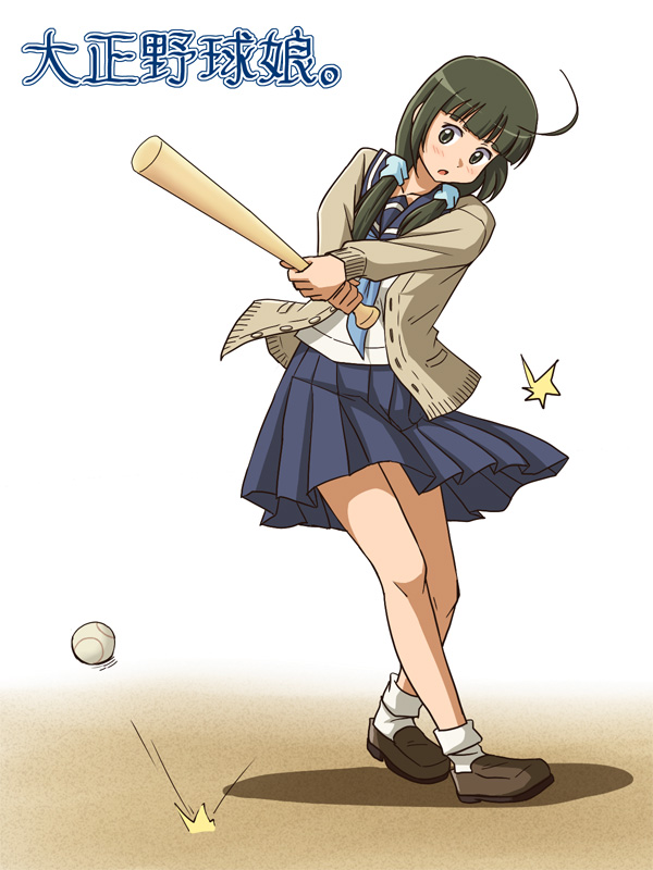 ahoge, bangs, baseball, baseball_bat, blunt_bangs, blush, coat, green_eyes