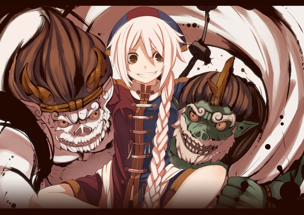 adapted_costume, braid, character_request, dress, fuujin, fuurin_(omaemona), grin, hat
