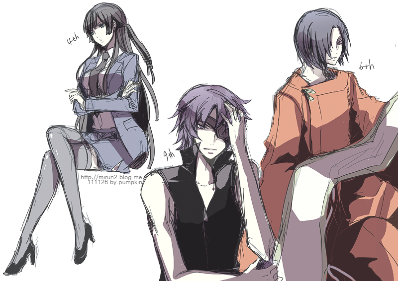 2boys, black_hair, blue_hair, crossed_arms, crossed_legs, eyepatch, genderswap, hair_over_one_eye
