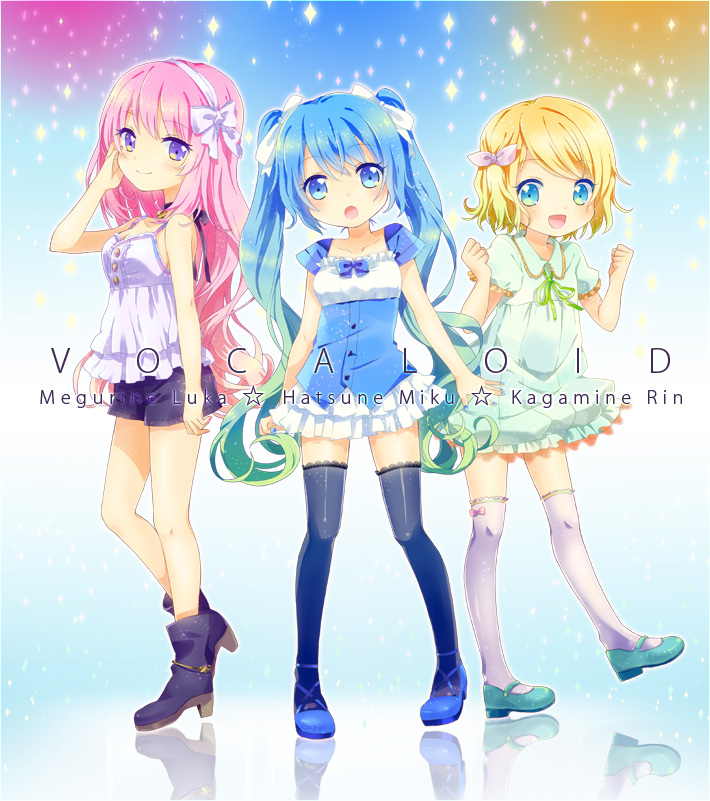 alternate_hair_color, blonde_hair, blue_eyes, blue_hair, blue_legwear, boots, bow, child