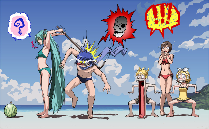 +_+, ?, accident, barefoot, beach, bikini, clenched_teeth, feet, food, front-tie_top, fruit, haepon, hatsune_miku, highres, jaw_drop, kagamine_len, kagamine_rin, kaito, long_hair, meiko, one-piece_swimsuit, oops, scarf, short_hair, side-tie_bikini, speedo, suikawari, swimsuit, tears, toes, tongue, very_long_hair, vocaloid, watermelon